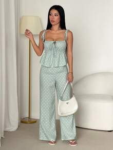 SHEIN PETITE 女款休閒黑色波點印花細肩帶背心與長褲兩件套，可愛波點兩件套 - 薄荷綠 - 查看 6
