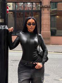 SHEIN SXY Women's Solid Color Zipper Fitted Versatile Daily Wear Long Sleeve Bodysuit - Black - View 3