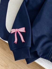 少女可愛蝴蝶刺繡拉鍊連帽長袖外套，返校秋季款 - 藏蓝色 - 查看 4