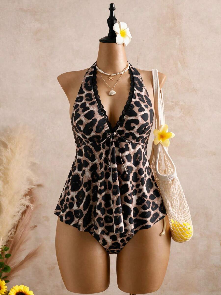 Bellisia Women's Leopard Print Lace Trim Ruffle High-Cut Two-Piece Sexy Tank Top Bikini Set - Black and White - View 1