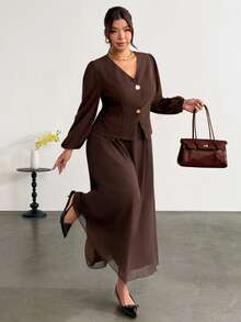 Firerie Plus Size Elegant Commuter Shirt & Skirt 2 Pieces Set Fall - Coffee Brown - View 6