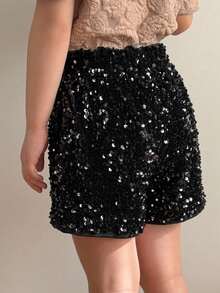 Dazy Kids Celana Pendek Fashion Anak Perempuan Warna Hitam Beludru Berpayet, Musim Gugur - Hitam - View 6