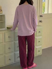 DAZY Tween Girl Loose Long Sleeve Graphic T-Shirt Top + Plaid Casual Straight Leg Pants 2 Pieces Loungewear Set Fall - Pink - View 2