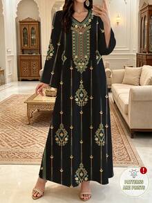 Al Najma 女款黑色優雅V領長袖大裙擺舒適印花洋裝，精緻花卉圖案印花，保守風，聚酯纖維材質，適合居家、外出、度假、派對、聚會，飄逸復古長袖植物元素印花洋裝 - 黑色 - 查看 2