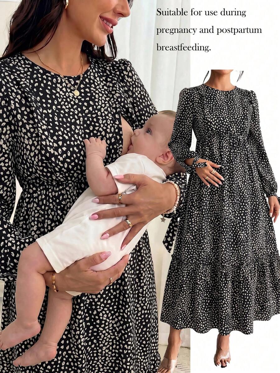 SHEIN 孕婦秋季休閒全印花洋裝 - 黑色 - 查看 1