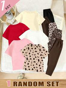 (Random Pattern, 1 Set Random) Girls' Fashion Fresh Cartoon Leopard Print Bunny Heart Puzzle Graphic Basic Short Sleeve T-Shirt And Leggings Set, Daily Wear - Multicolor - View 2