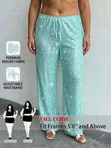 SHEIN Tall CURVE 大尺碼女款嘻哈街頭風亮片裝飾綁帶寬鬆長褲 - 綠色 - 查看 1