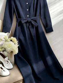 SHEIN Franclia New Elegant Commuter Solid Color Lapel Single-Breasted Cinched Waist Midi Dress For Women - Navy Blue - View 3