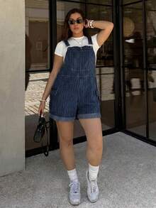 Lounesse Plus Size Women's Striped Casual Daily Denim Romper Fall - Dark Wash - View 5
