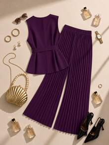 Formidée Setelan Kasual Wanita Ukuran Besar dengan Atasan Leher Bulat dan Celana Lipit Motif Blok Warna - Purple - View 2