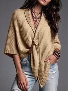 Breezaya Women's Vintage Cable Knit Cape Shawl Cardigan - Khaki - View 4