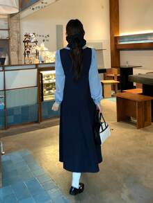 DAZY Women's Peter Pan Collar Contrast Color Patchwork 2 In 1 Korean Style Casual Mid-Length Dress Fall Vacation - Blue - View 2