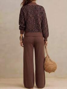 Omancia Leopard Print Stand Collar Sweater + Sweater Pants 2 Pieces Set, Autumn/Winter Knitwear - Coffee Brown - View 2