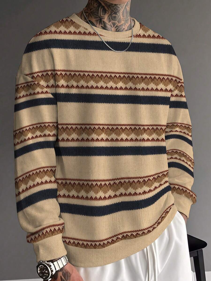 Gym Rark Nordic Retro Fair Isle Jacquard Knit Top For Men, Cream Base Navy & Brown Red Contrast Horizontal Stripes, Relaxed Fit Crew Neck Top, Comfortable Daily Wear - Multicolor - View 1
