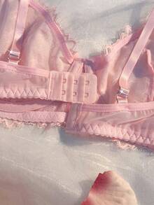 Crystal Vow 1pc Sweet Pink Eyelash Lace Deep V-Neck Bra With Bow Front And Spaghetti Strap Women's Lingerie - Baby Pink - View 4