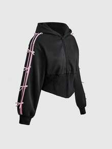 Sweetness Black Sweet Waist-Cinching Bowknot Decor Women's Sweatshirt - Black - View 1