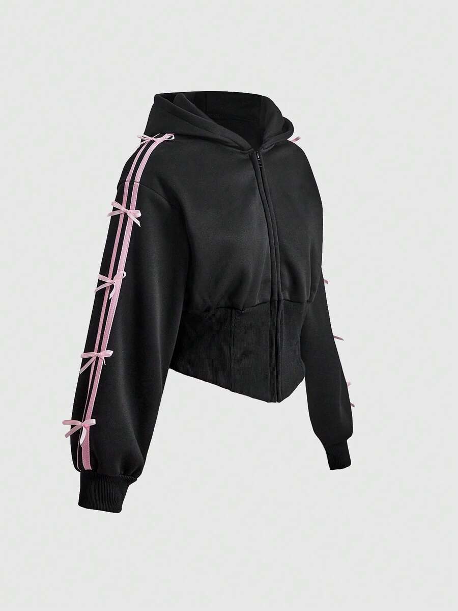 Sweetness Black Sweet Waist-Cinching Bowknot Decor Women's Sweatshirt - Black - View 1