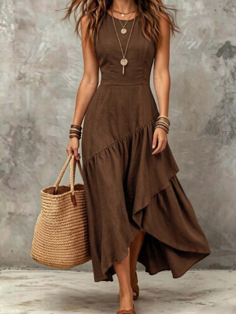 SHEIN Franclia French Style Square Neck Sleeveless Dress, Waist-Defining Slimming Asymmetrical Ruffle Design, Commuter & Vacation Dress - Dark Brown - View 1