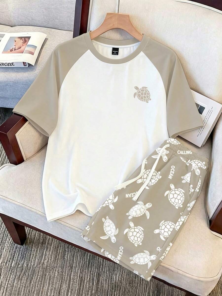 Daypath 男士海龜圖案短袖上衣與短褲休閒日常居家穿著套裝 - 卡其色 - 查看 1