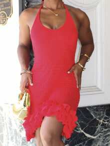 Steph T Vestido mini rojo de punto con volantes, espalda descubierta y escote halter para vacaciones - Rojo - Ver 4