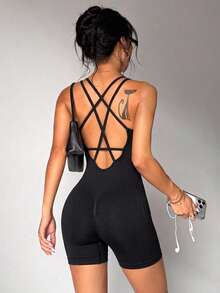 Slayform Slayform Women's Solid Color Back Criss-Cross Design Sleeveless Athletic Romper Shorts - Black - View 2