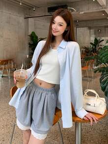 DAZY 女款素色休閒百搭日常穿著襯衫 - 藍色 - 查看 3