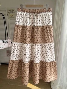Comfortcana Plus Size Women's Ditsy Floral Waist Tie Ruffle Hem Skirt For Vacation - Khaki - View 4
