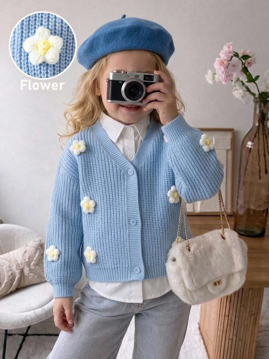 SHEIN كارديجان كاجوال بياقة على شكل حرف V وأكمام منفوخة من الصوف بلون موحد للفتيات الصغيرات - الأزرق - مشاهدة 1