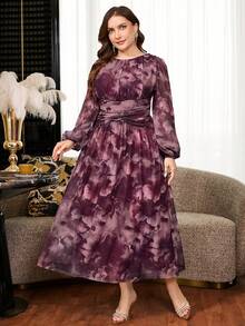 Reflora Plus Size Women's Dress Autumn/Winter Elegant Traditional Long Sleeve Mesh Printed Long Romantic Party Formal Mother Of The Bride Wedding Dark Purple - Multicolor - View 9
