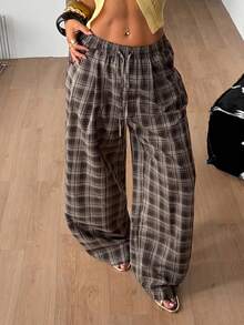 SHEIN Tall CURVE Women's Plus Size Plaid Casual Versatile Wide Leg Pants For Daily Wear Fall - Brown - View 12