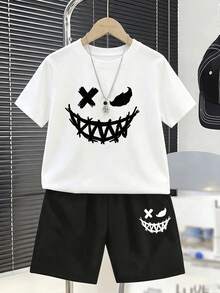 SHEIN 青少年男孩休閒簡約表情符號印花圓領短袖t恤和短褲2件套裝,夏季 - 彩色 - 查看 1