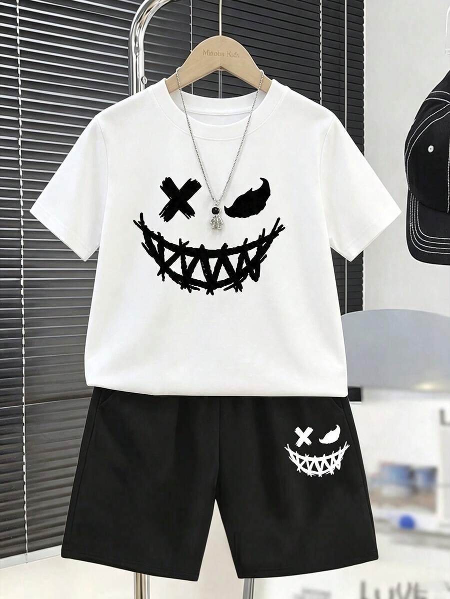 SHEIN 青少年男孩休閒簡約表情符號印花圓領短袖t恤和短褲2件套裝,夏季 - 彩色 - 查看 1