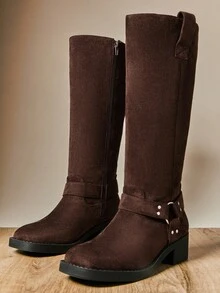 SHUZIA Women Winter Warm Fashion Comfortable Block Heel Faux Suede Mid-Calf Combat Boots With Strap And Hardware Decor - Chocolate Brown - View 4