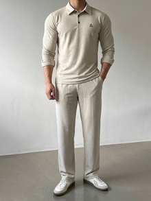 DAZY Spring/Autumn Solid Apricot Polo Top & Elastic Waist Long Pants Commuter Men's T-Shirt Set - Apricot - View 4