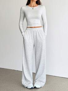 SHEIN Tall 女款秋季休閒長袖上衣與長褲兩件套 - 灰色 - 查看 8
