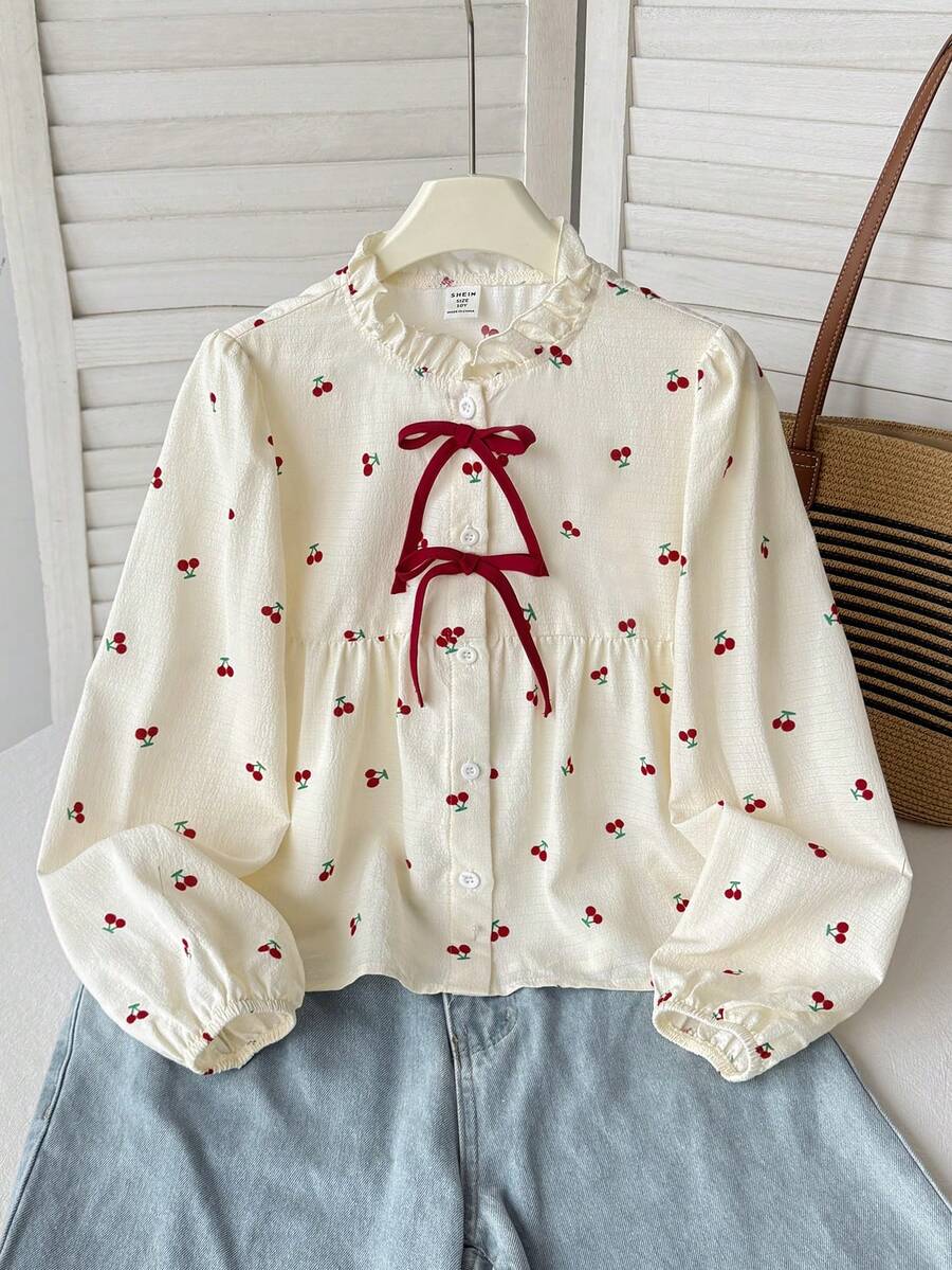 SHEIN Kisd Tween Girls Casual Everyday Comfortable Loose Ruffle Collar BlouseKIDS - Apricot - View 1