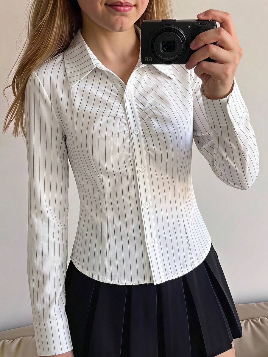 青少年女孩休閒法式優雅經典百搭白色條紋抓皺胸前開衩拼接領長袖襯衫,學院風上衣,返校穿搭,日常穿著 - 黑與白 - 查看 1