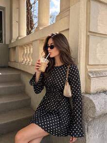 SHEIN PariChic Women's French Polka Dot Print Ruched Waist Long Sleeve Dress - Black - View 4