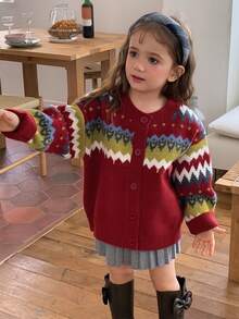 Hapijoa Young Girls Designer Red Long Sleeve Autumn/Winter Sweater Top Basic Layering Cardigan - Red - View 4