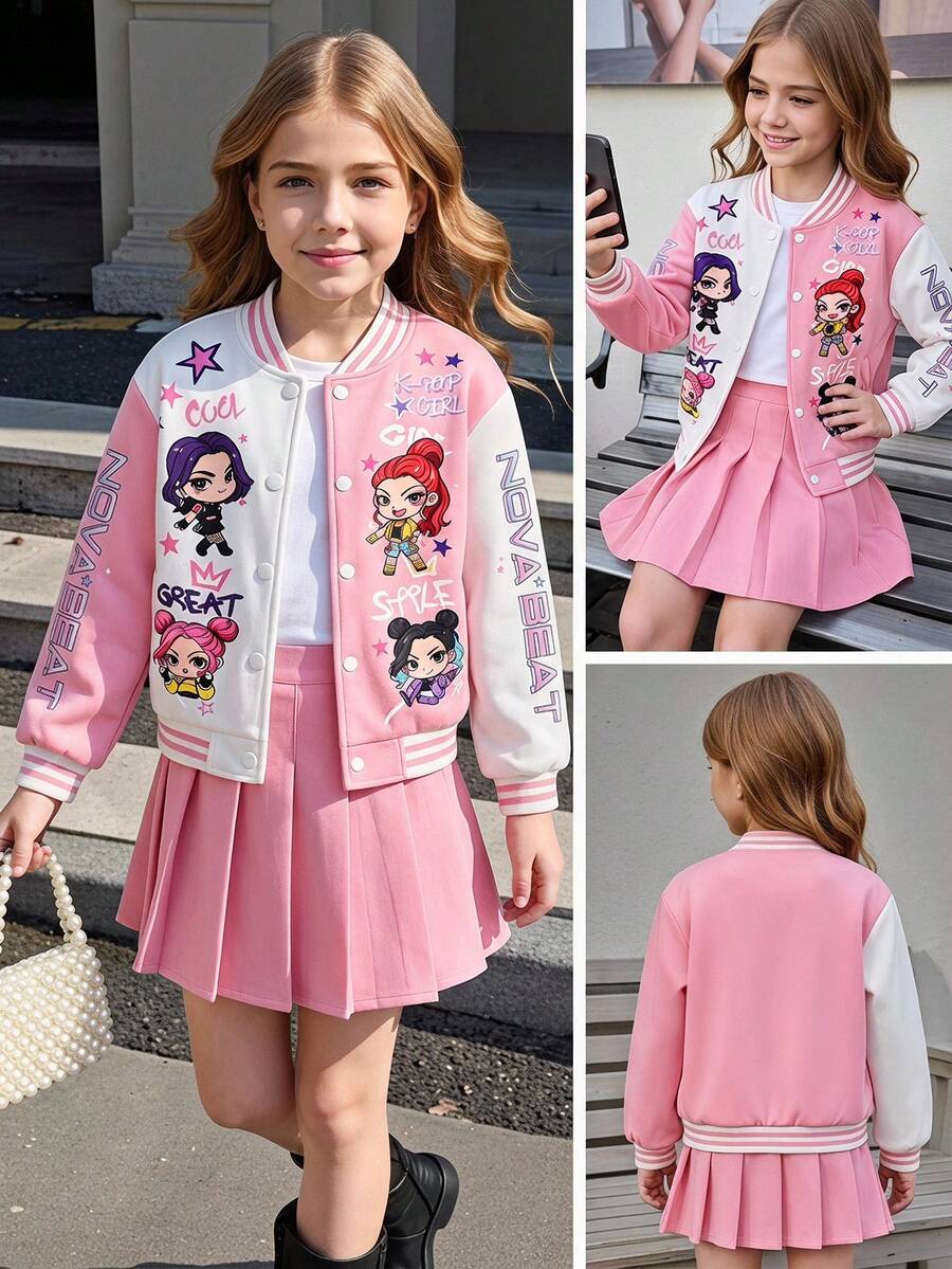 SHEIN Girls' Casual Fashion Spring/Autumn Colorful 3D Floral Contrast Color Baseball Jacket - Pink - View 1
