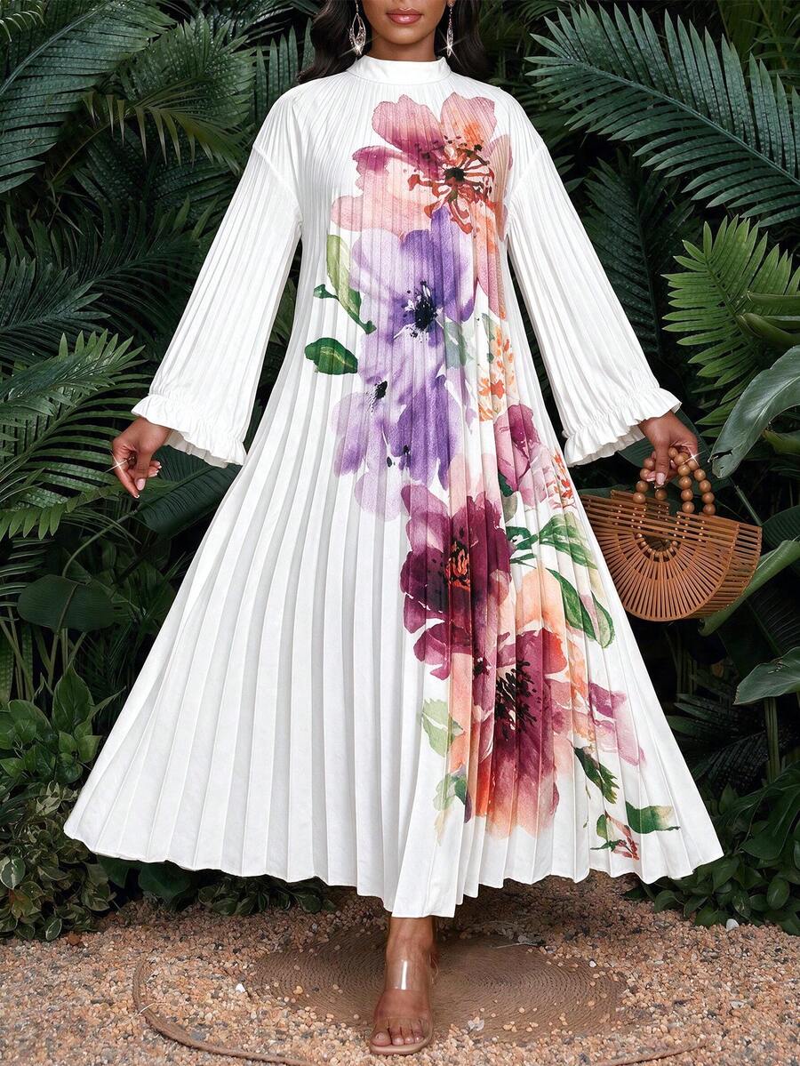 SHEIN Lady Plus Size Women's Floral Print Pleated Casual Everyday Dress - Multicolor - View 1