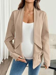 SHEIN Maternity Solid Color Ruched Casual Versatile Daily Wear Long Sleeve Jacket Fall - Khaki - View 4