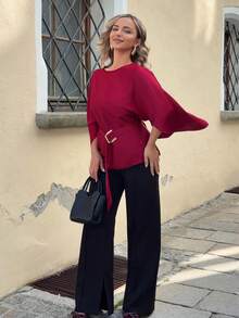 Jeta Ari Women's French Style Round Neck Batwing Sleeve Waist Tie Shiny Red Blouse, Spring/Summer - Burgundy - View 6