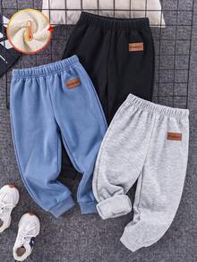 SHEIN 3件組兒童青少年男童買2送1休閒日常舒適刺繡內刷毛加厚寬鬆長褲運動褲冬季童裝，秋季衣物，黑色、卡其色，運動套裝，適合學校、花園、海灘、生日，秋季、冬季季節 - 彩色 - 查看 5