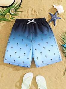 SHEIN 1pc Tween Boy Navy Blue Casual Summer Beach Shorts,Gradient Coconut Tree Pattern Holiday Vacation Style Sports Swimming Trunks For Spring And Summer - Multicolor - View 4
