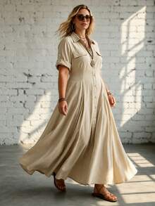 Ceyna Plus Size Women's Solid Color Casual Daily Summer Dress - Khaki - View 4