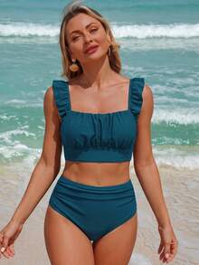 Swim Basics 2pcs Women's Summer Beach Elegant Vacation Solid Color Ruffle Strap Pleated Front Top And High Waist Ruched Triangle Bottoms Set - Teal Blue - View 5