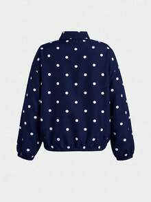 SHEIN Tween女孩秋季新款波點圖案寬鬆立領夾克外套 - 藍色 - 查看 2