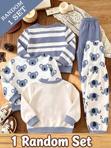 SHEIN Vintaside Kids Random 3 Sets Send 1 Set Baby Boy Casual Sweatshirt Set, All-Over Print Koala, Large Cartoon Elephant, Blue And White Wide Stripe Pony, Matching Same Pattern Cuffed Pants, Simple And Playful Design, Suitable For Outings, Shopping, Daily Wear, Spring, Autumn, Winter - Multicolor - View 2