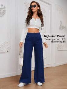 Flexra Women's High Waist Pocket Casual Versatile Daily Wear Denim Flare Jeans - Dark Wash - View 7